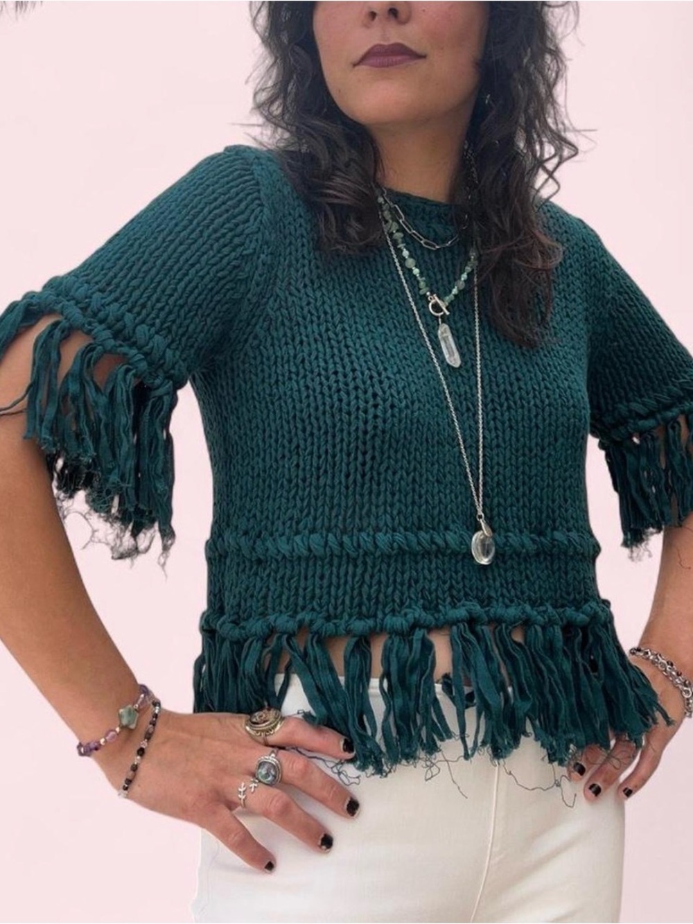 Fringe Hem Short Sleeve Knit Top - Dark Teal